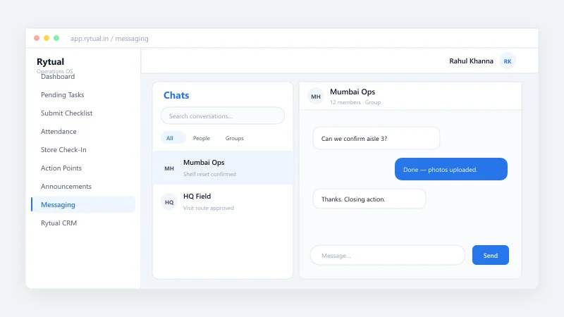 Rytual Messaging interface with org-scoped threads