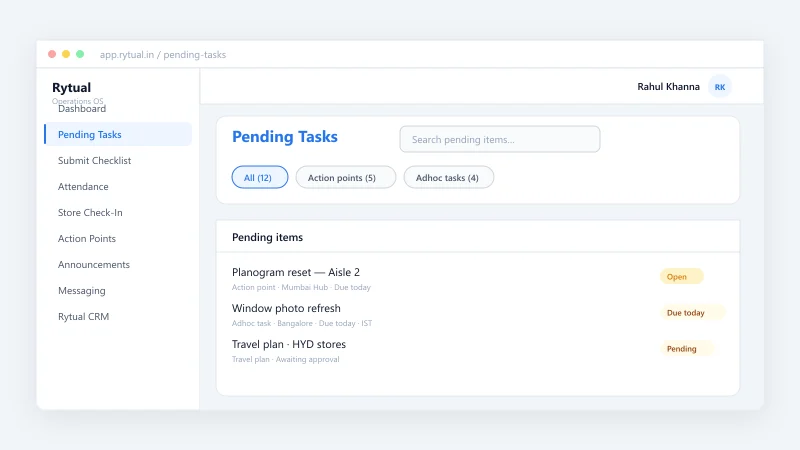 Pending tasks list with due times