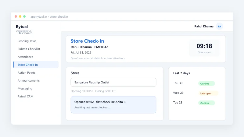 Store Check-In with attendance-derived open and close times